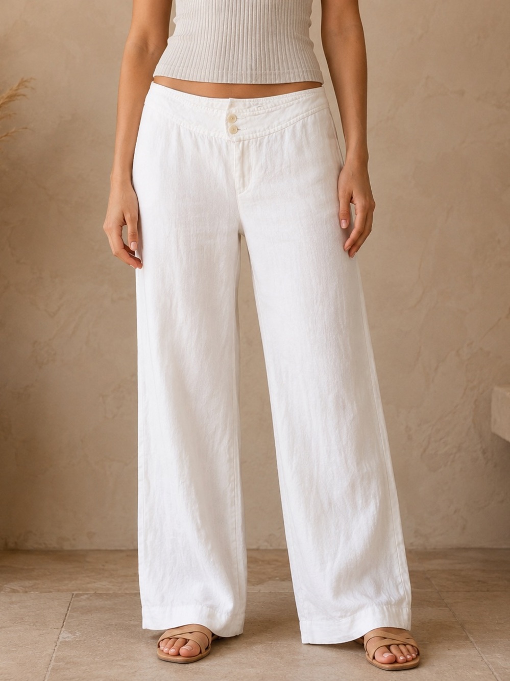 100% Linen White Straight Leg Pants Double Button Coastal